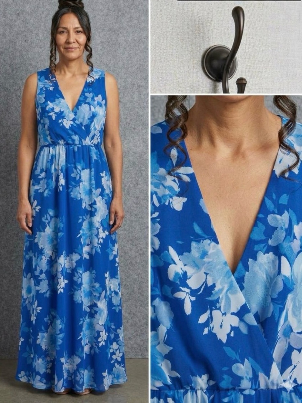 P0049. Jessica Howard Sleeveless Blue Floral V-Neck Maxi Dress